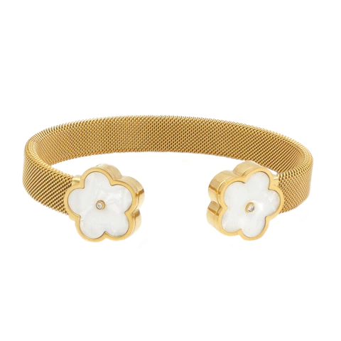 Bracelete Malha Milanesa Com Flores De Madrepérola Branca Aço Inox Dourado - comprar online