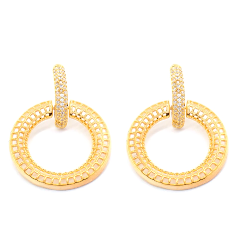 Brinco Feminino Argola Vazada Cravejada Com Zircônias Design Delicado Banhado A Ouro - comprar online