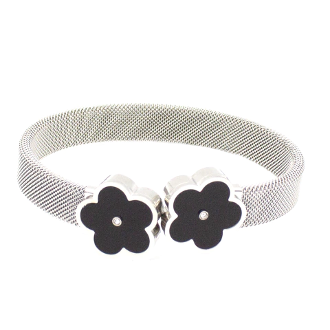 Bracelete Malha Milanesa Com Flores De Madrepérola Preta Aço Inox Prateado - comprar online