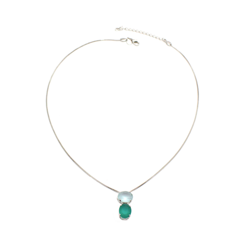 Conjunto Colar E Brincos Com Dupla Gema Azul E Verde Elegante Banhado a Ródio