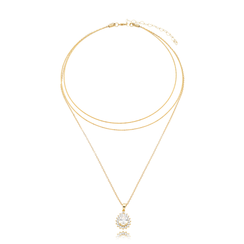 Choker Dupla Com Corrente E Ponto De Luz Gota Cravejada Banhado A Ouro