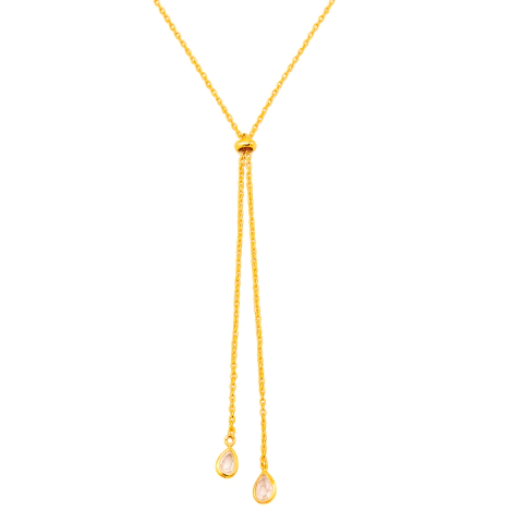 Colar Gravatinha com 2 Gotas de Zircônias Ajustavél Banhado a Ouro e Ródio 50cm - comprar online