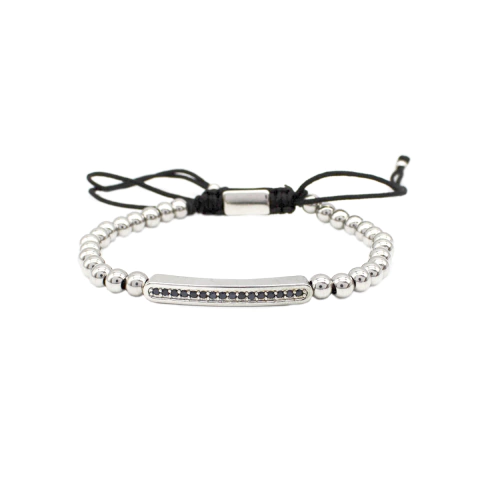 Pulseira Masculina Ajustável Com Esferas E Detalhe Central Em Zircônias Em Aço Inox PVD Prata