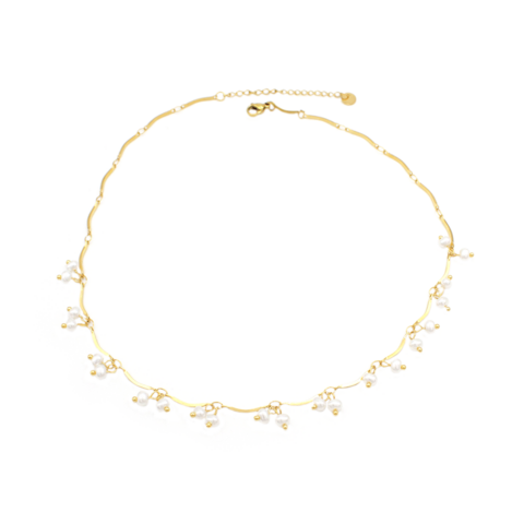 Colar Feminino Com Micro Pérolas Penduradas Em Aço Inox PVD Dourado
