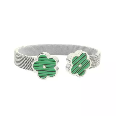 Bracelete Malha Milanesa Com Flores De Madrepérola Verde Aço Inox Prateado - comprar online
