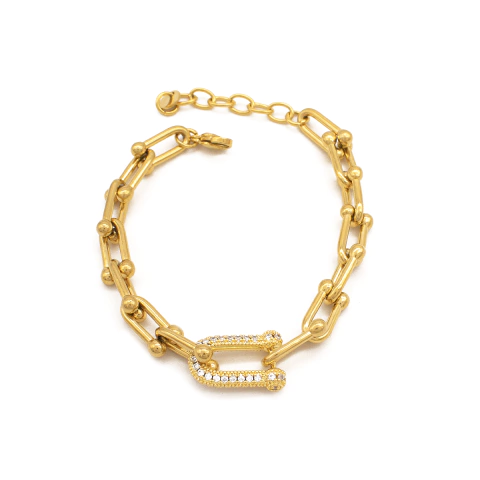 Pulseira Feminina Elo Cadeado Cravejado Em Zircônias Em Aço Inox PVD Dourado 21cm