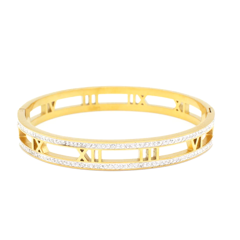 Bracelete Números Romanos Vazados Cravejados Em Aço Inox Com Revestimento PVD Dourado - comprar online