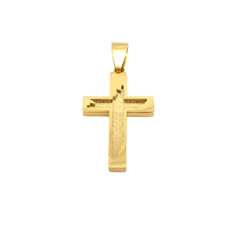 Pingente Cruz Dupla Com Oração Do Pai Nosso Aço Inox Dourado - comprar online