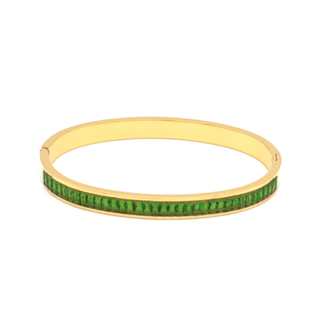 Bracelete Feminino Rígido Com Zircônias Verdes Em Aço Inox PVD Dourado