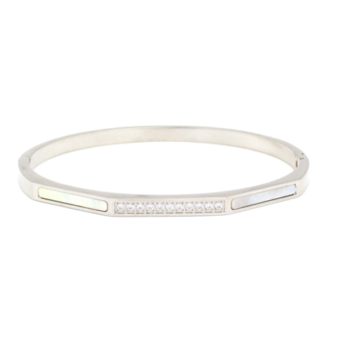 Bracelete Liso Com Madrepérola E Zircônias Aço Inox Com Revestimento PVD Prateado