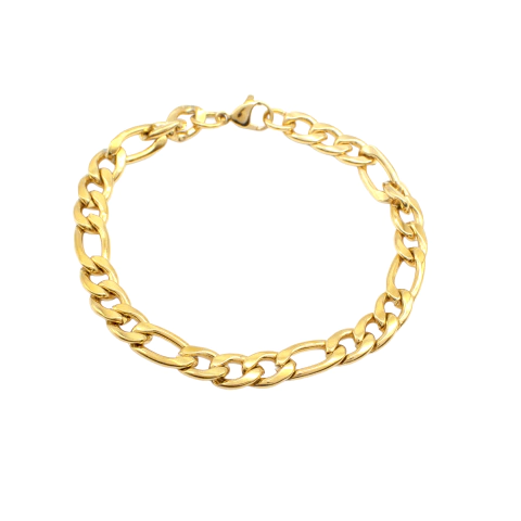 Pulseira Masculina  20 Cm  Elo  Figaro  3×1  Grossa  Aço  Inox  Dourado - comprar online