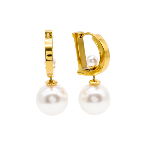 Brinco Feminino Argola Pérola Dupla em Aço Inox Dourado e Prata