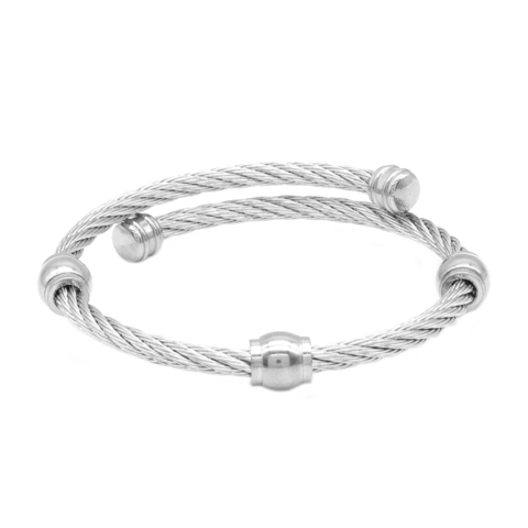 Bracelete Rígido Com Esferas Ovais Em Aço Inox Com Revestimento PVD Prateado