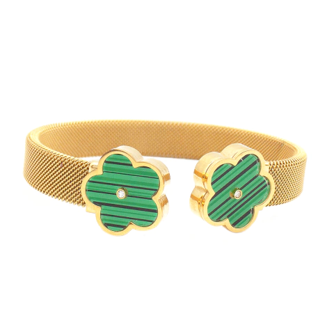 Bracelete Malha Milanesa Com Flores De Madrepérola Verde Aço Inox Dourado - comprar online