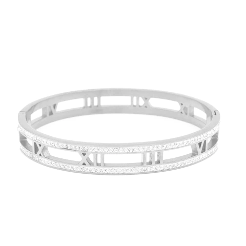 Bracelete Números Romanos Vazados Cravejados Em Aço Inox Com Revestimento PVD Prateado - comprar online