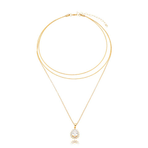 Choker Dupla Com Corrente E Ponto De Luz Gota Cravejada Banhado A Ouro 50cm - comprar online