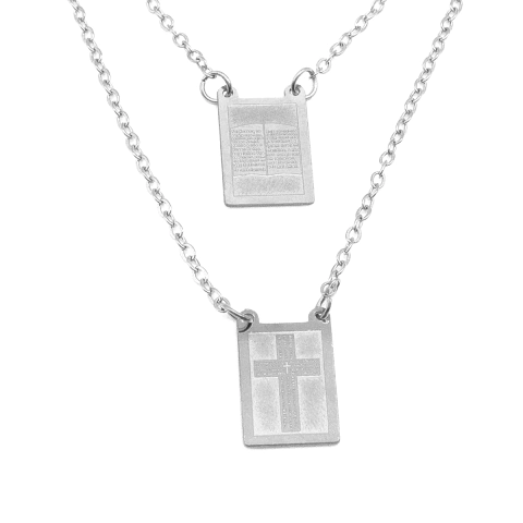 Escapulário Oração  Do Pai  Nosso Cruz E  Bíblia Sagrada  Aço Inox  Prata 38cm - comprar online