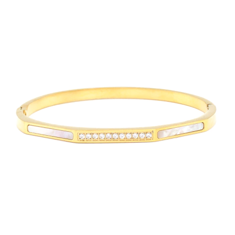 Bracelete Liso Com Madrepérola E Zircônias Aço Inox Com Revestimento PVD Dourado - comprar online