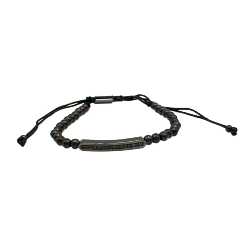 Pulseira Masculina Ajustável com Esferas e Detalhe Central em Zircônias em Aço Inox PVD Preto
