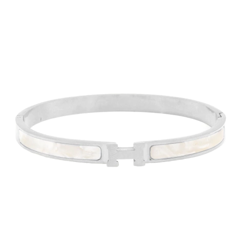 Bracelete Com Madrepérola E Detalhe H Liso Em Aço Inox Com Revestimento PVD Prateado 17,28cm - comprar online