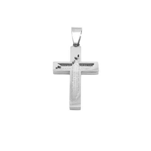 Pingente Cruz Dupla Com Oração Do Pai Nosso Aço Inox Prata - comprar online