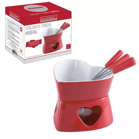 Kit Conjunto de Fondue em Cerâmica Coração Vermelho Herstal 7 peças