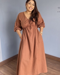 Vestido Midi Em Linho Manga Bufante e Laço no Busto - comprar online