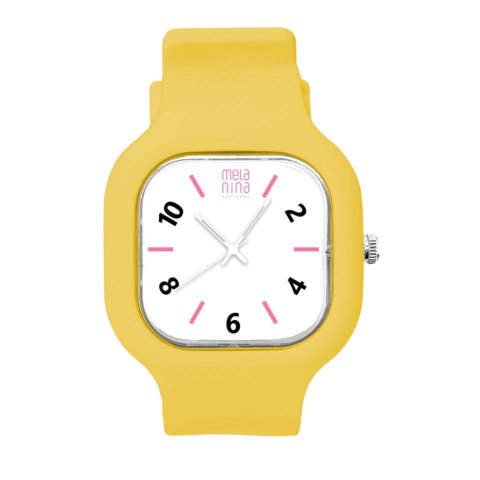 Relógio Analógico Melanina Amarelo Fundo Branco