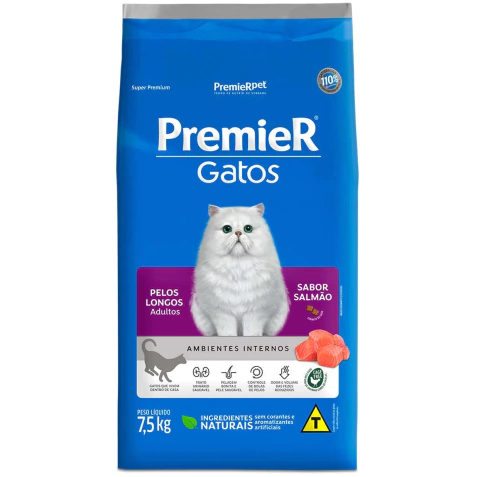 Premier Ambientes Internos Gatos Adultos Pelos Longos Salmão 7,5Kg