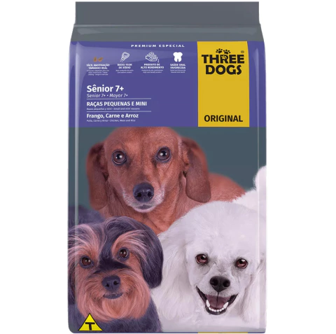 Three Dogs Original Sênior Pequenos Frango e Carne 15Kg