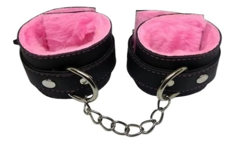 Esposas de cuero con peluche y cadena Fucsia