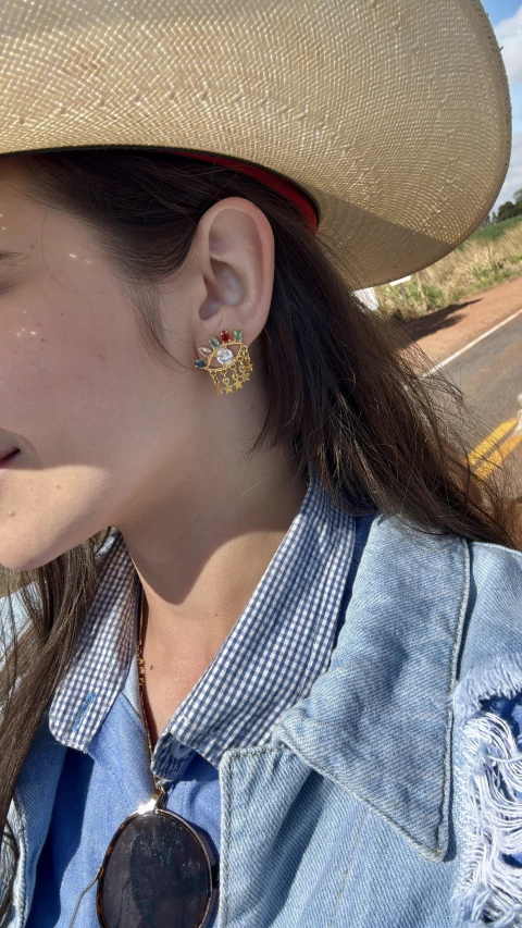 Brinco Olho Grego Cravejado Colorido com Estrelinhas Folheado a Ouro