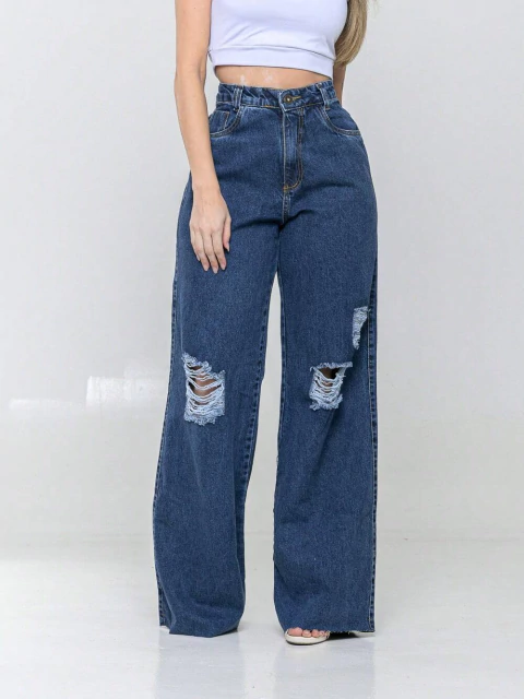 Calça Jeans Feminina Escura Wide leg Pantalona Desfiada com Bolso Qualidade Premium - comprar online