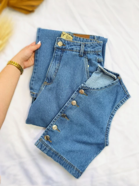 Conjunto Jeans Yas o Blusa Cropped Colete + Calça Com Bolso - comprar online