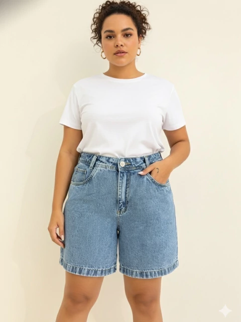 Bermuda Jeans Feminina Plus Size Meia Coxa Confortável Básica Com Bolso