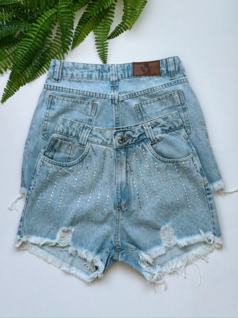 Short Jeans Feminino Pedraria Strass Brilho Com Bolso Melhor Qualidade - comprar online