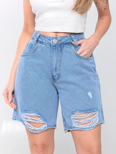 Bermuda Jeans Feminina Desfiada Puído Com Bolso Melhor Qualidade
