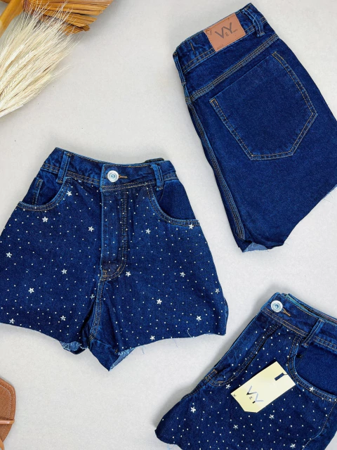Short Jeans Feminino Pedrinhas Estrela Brilho Com Bolso - comprar online