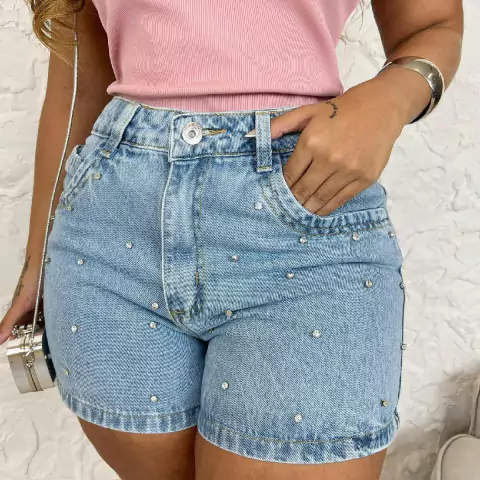 Short Jeans Feminino Bermuda Pedraria Brilho Com Bolso Melhor Qualidade - comprar online