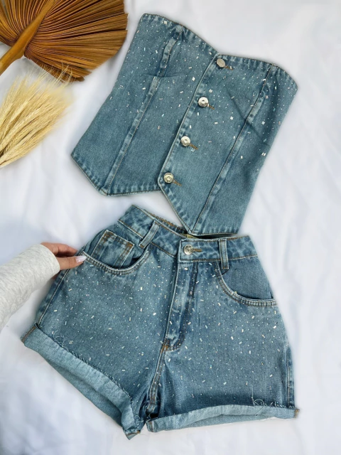 Conjunto Feminino Jeans Cropped + Short Pedraria Aplique Granulado Feminino Com Bolso