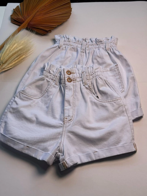 Short Jeans Feminino Branco Cós Alto Elástico Lastex Com Bolso