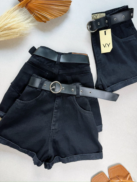 Short Jeans Feminino Preto Básico Com Cinto Com Bolso - comprar online
