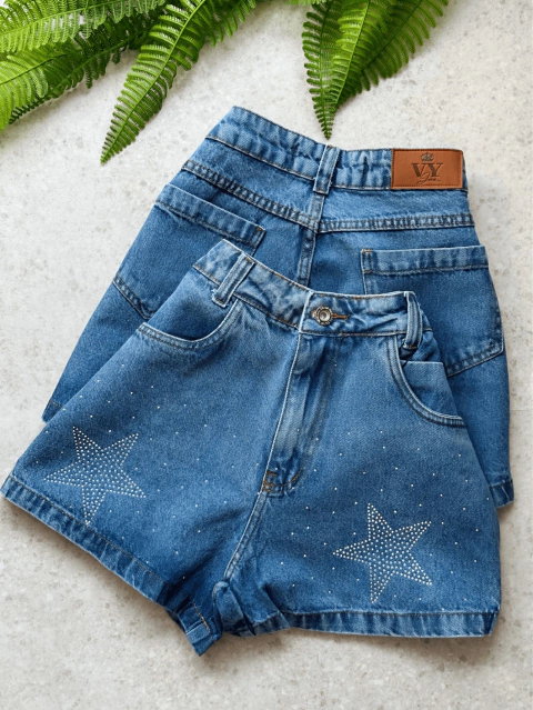 Short Jeans Feminino Estrela Grande Pedrinhas Brilho Com Bolso