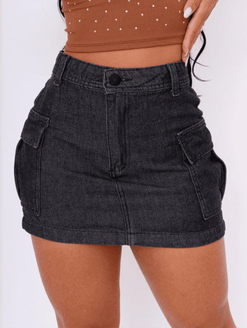 Saia Jeans Feminina Cargo Com Bolso Lateral Botão Forrado Melhor Qualidade