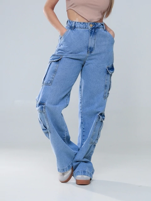 Calça Jeans Luany Feminina Pantalona Cargo 2 Bolsos Laterais Melhor Qualidade