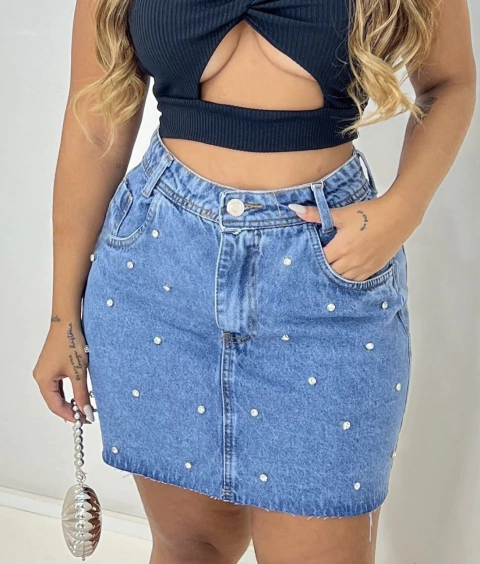 Saia Jeans Feminina Pedraria Pedrinha Com Bolso - comprar online