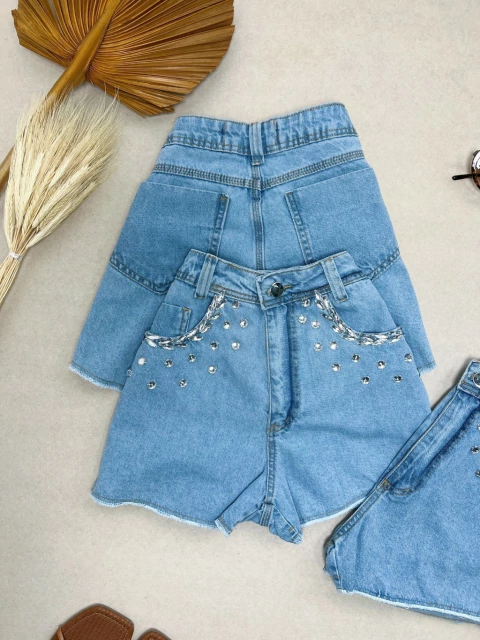 Short Jeans Feminino Pedraria Pedrinhas Folha no Bolso Luxo Denim Com Bolso Melhor Qualidade