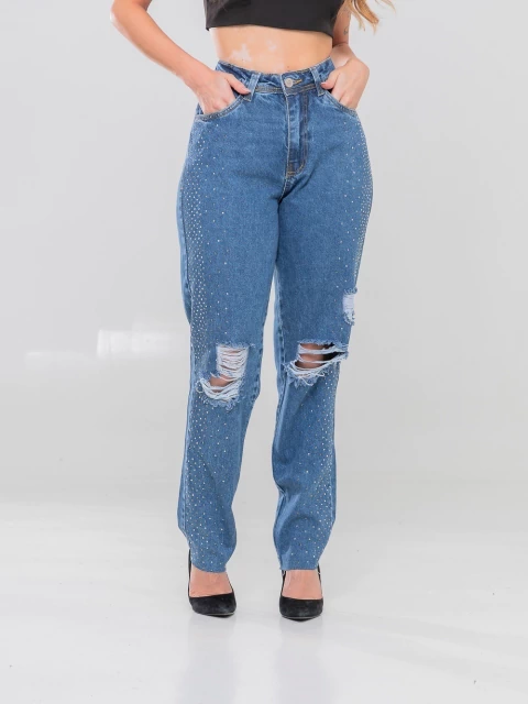Calça Jeans Feminina Mom Puído Pedrinhas Pedraria Strass Aplique com Bolso Qualidade Premium - comprar online