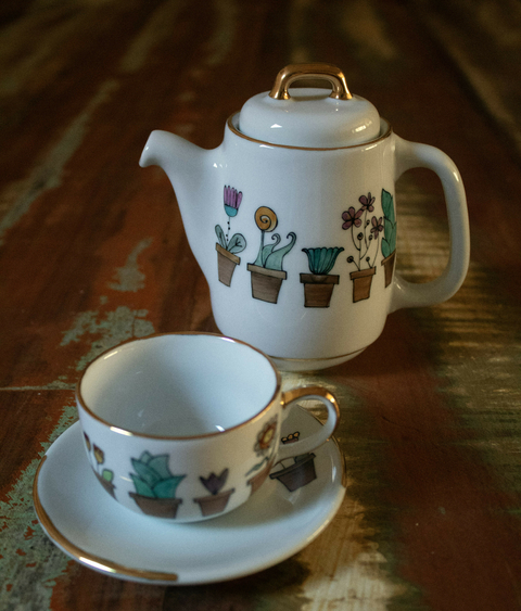 Kit Meu Momento - Bule e xícara de café - plantinhas