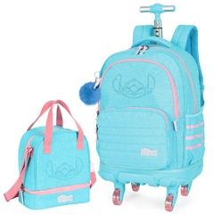 Kit Mochila Rodinhas Lancheira STITCH DISNEY Turquesa Luxcel
